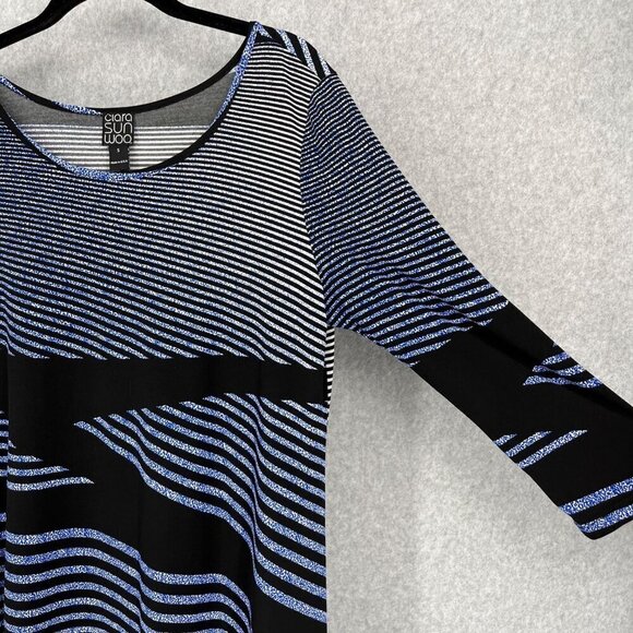 Clara Sun Woo Tunic Top Size S Blue Black Stripe Stretch Asymmetrical Hem Artsy - Picture 2 of 11